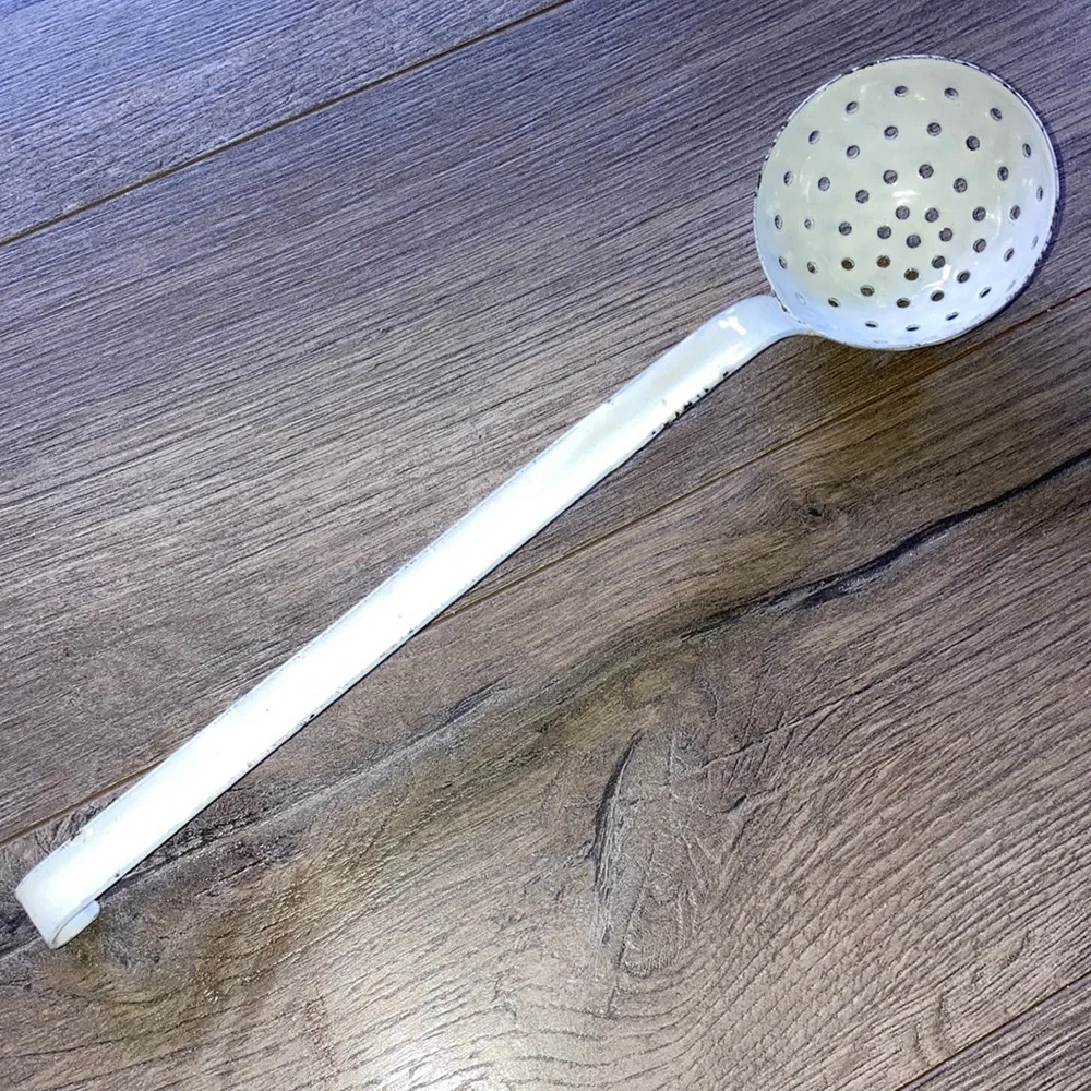 Vintage Soup Ladle White Enamel Rustic Metal Strainer with Long Handle Antique